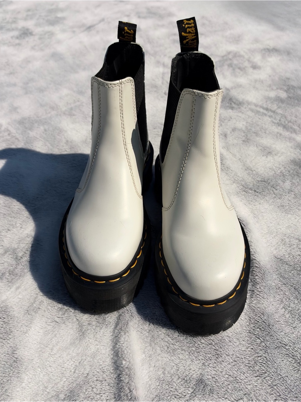 Dr. Martens White Platform Chelsea Boots with Yellow Stitching